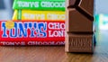 Amsterdam, Netherlands - May 04 2019: Tonys Chocolonely milk chocolate. Fair trade chocolate made by Tonys Chocolonely chocolate Royalty Free Stock Photo