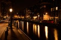 Amsterdam, Netherlands - Nov 2017: Illuminated canal bridge at night on the canal between Herengracht and Brouwersgracht. Royalty Free Stock Photo