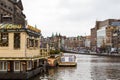 Amsterdam, Netherlands - November 28, 2019: Boat tours in Rokin canal in Amsterdam, Netherlands
