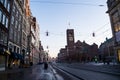 Empty early morning street of Amsterdam city, decorated for the Christmas holiday Royalty Free Stock Photo