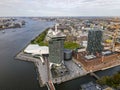 Amsterdam, The Netherlands, 31 October 2020 Aerial of Amsterdam tower lookout Sky film Museum