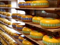 AMSTERDAM, NETHERLANDS OCTOBER, 12, 2017: close view of gouda cheese wheels at zaanse schans near amsterdam Royalty Free Stock Photo