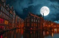 Amsterdam at night in the Netherlands by full moon