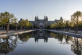 Exterior of the Rijksmuseum reflected in the water, early morning in Amsterdam, Noord-Holland, The Netherlands