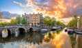 Amsterdam. Panoramic view of the downtown of Amsterdam. Traditional houses and bridges of Amsterdam. A colorful sundown time. Royalty Free Stock Photo