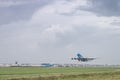 KLM airplane is ready to take off from the runway, Boeing 747-400, KLM royal dutch airlines, Aalmeerbaan Royalty Free Stock Photo