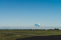 KLM airplane is ready to take off from the runway, Boeing 737-800, KLM royal dutch airlines, runway Polderbaan Royalty Free Stock Photo