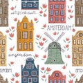 Amsterdam. Seamless pattern with old historic buildings and traditional architecture of Netherlands.