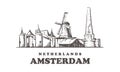 Amsterdam sketch skyline. Netherlands, Amsterdam hand drawn vector illustration