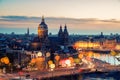 Amsterdam skyline in historical area at night, Netherlands. Ariel view of Amsterdam, Netherlands. Royalty Free Stock Photo