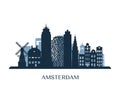 Amsterdam skyline, monochrome silhouette. Royalty Free Stock Photo