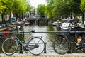 Amsterdam summer 2020, the view of a canal with bicycle