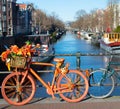 Amsterdam symbolic bright decorated bike with flowers and canal in background