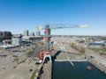 Amsterdam, 19th of March 2022, The Netherlands. NDSM wharf crane modern industrial shipyard and trendy residential area