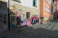 Buildings, cobblestones and Graffiti Linker Regnitzarm Left arm of the Regnitz Bamberg Germany