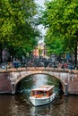 Amsterdam view - canal with boad, bridge and old houses Royalty Free Stock Photo