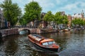 Amsterdam view - canal with boad, bridge and old houses Royalty Free Stock Photo