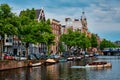 Amsterdam view - canal with boad, bridge and old houses Royalty Free Stock Photo