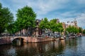 Amsterdam view - canal with boad, bridge and old houses Royalty Free Stock Photo