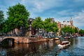 Amsterdam view - canal with boad, bridge and old houses Royalty Free Stock Photo