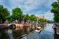 Amsterdam view - canal with boad, bridge and old houses Royalty Free Stock Photo