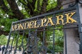Amsterdam Vondelpark entrance gate open, gold letter text. Vondel park, Dutch garden. Netherlands Royalty Free Stock Photo
