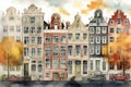 Amsterdam watercolour illustration, storybook style. Generative AI Royalty Free Stock Photo