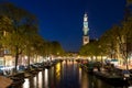 Amsterdam Westerkerk church tower at canal in the city of Amsterdam, Netherlands. Royalty Free Stock Photo