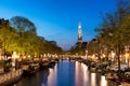 Amsterdam Westerkerk church tower at canal Royalty Free Stock Photo