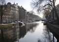 Amsterdam winter snow canal Amstel city center.