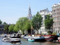 Amsterdam, Zuiderkerk, canal with canal houses and boats