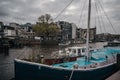 Amsterdams wharf with parked ship Royalty Free Stock Photo