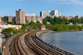 Amtrak and Metro North train tracks curve along the Harlem River in Bronx, NYC Royalty Free Stock Photo