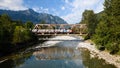 Amtrak 50th anniversary locomotive leads the Empire Builder across Skykomish River bridge Royalty Free Stock Photo