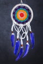 Amulet Dreamcatcher on a black background close-up protecting the sleeper from evil spirits Royalty Free Stock Photo