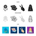 Amulet, hippie girl, freedom sign, old cassette.Hippy set collection icons in black, flat, monochrome style vector