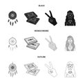 Amulet, hippie girl, freedom sign, old cassette.Hippy set collection icons in black,monochrome,outline style vector