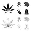 Amulet, hippie girl, freedom sign, old cassette.Hippy set collection icons in black,outline style vector symbol stock