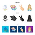 Amulet, hippie girl, freedom sign, old cassette.Hippy set collection icons in cartoon,black,flat style vector symbol