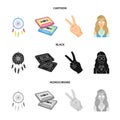 Amulet, hippie girl, freedom sign, old cassette.Hippy set collection icons in cartoon,black,monochrome style vector