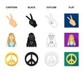 Amulet, hippie girl, freedom sign, old cassette.Hippy set collection icons in cartoon,black,outline,flat style vector