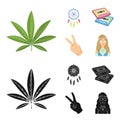 Amulet, hippie girl, freedom sign, old cassette.Hippy set collection icons in cartoon,black style vector symbol stock