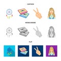 Amulet, hippie girl, freedom sign, old cassette.Hippy set collection icons in cartoon,flat,monochrome style vector