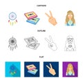 Amulet, hippie girl, freedom sign, old cassette.Hippy set collection icons in cartoon,outline,flat style vector symbol