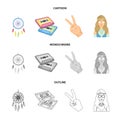 Amulet, hippie girl, freedom sign, old cassette.Hippy set collection icons in cartoon,outline,monochrome style vector