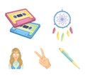 Amulet, hippie girl, freedom sign, old cassette.Hippy set collection icons in cartoon style vector symbol stock