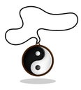 Amulet in wooden frame on cord, symbol of yin yang. Sign of harmony in Eastern philosophy and medicine. Realistic cartoon vector