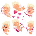 Amur baby angel. Cute funny cupid little god eros greece kids with bow heart hunters romantic vector pictures