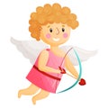 Amur baby boy. Funny cupid, little angel with wings and bow, heart hunters romantic vector character isolated on white Royalty Free Stock Photo