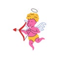 Amur baby, funny cupid, little angel vector illustration. Cute Greece kid with heart bow and arrows. Groovy style. Royalty Free Stock Photo